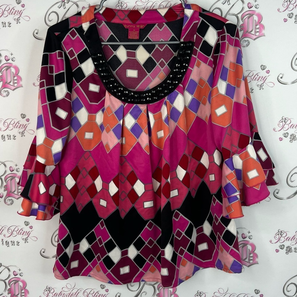 Sunny Leigh blouse ruffle beaded neckline Pink and Black Geometric Blouse